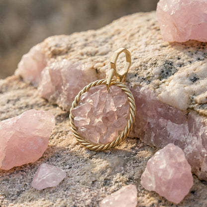 Amuleto Tensor de Cobre con Cuarzo Rosa – Chapado en Oro