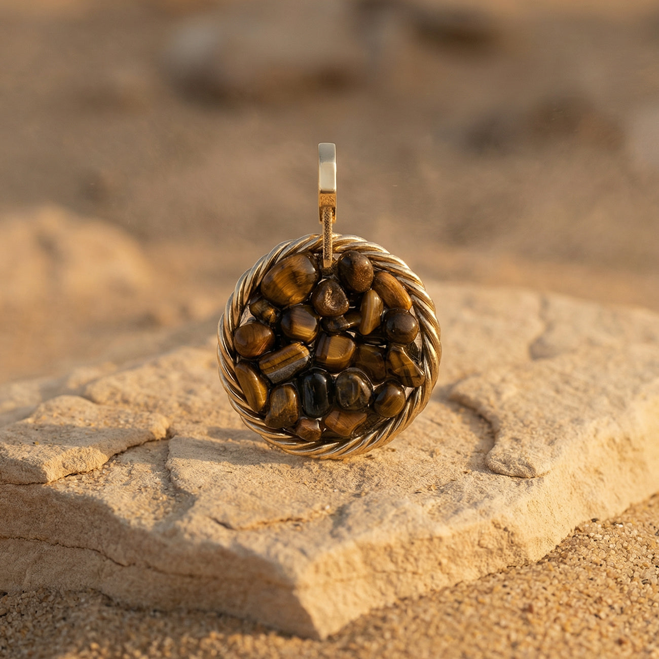 Amuleto Tensor de Cobre con Ojo de Tigre - Chapado en Oro