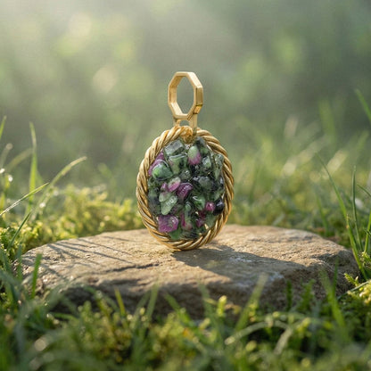 Miedziany Amulet Tensorowy z Zoizytem z Rubinem – Pozłacany